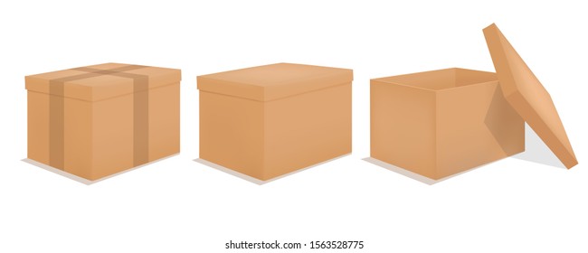 Cardboard box mockup. Set realistic Brown box. Vector illustration