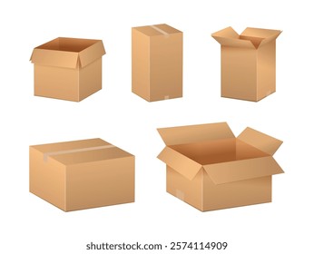 Cardboard box mockup set from side, front and top view, open and closed containers. Vector isolated parcel with tape, packaging template for delivery and distribution company. Courier order express