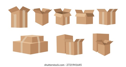 Maqueta de caja de cartón desde vista lateral, abierta y cerrada. colección de paquetes aislados de Vector con cintas, Plantilla de embalaje para la empresa de entrega y distribución. Mudanza exprés de mensajería