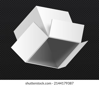 Cardboard box mockup. Unpacking products, home delivery and online shopping. Graphic elements for lotteries. Marketing and promotion of goods on Internet. Realistic isometric vector illustration