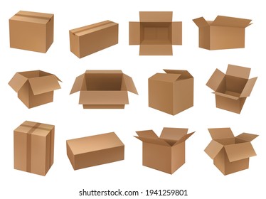 Cardboard box mockups, cargo and parcel packages, vector containers. Carton closed and open packaging for goods, isolated empty drawers, distribution packs. Cartoon shipping boxes for freight set