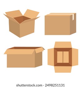 Cardboard box mockups, cargo and parcel packages, vector containers. Carton closed and open packaging for goods, isolated empty drawers, distribution packs. Cartoon shipping boxes for freight set