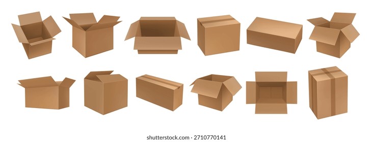 Moldes para caixas de cartão, embalagens de carga e de encomendas, contentores vetoriais. Embalagem fechada e aberta para mercadorias, gavetas vazias isoladas, embalagens de distribuição. Cartoon caixas de envio para conjunto de frete