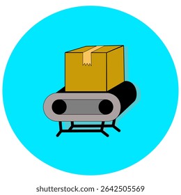 A cardboard box moves smoothly on a conveyor belt in a modern warehouse,