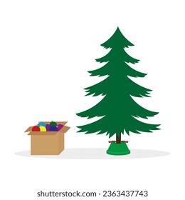 Cardboard box with multicolored christmas balls and spruce in a stand on a white background