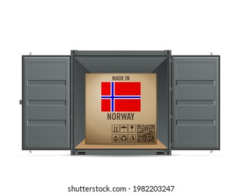 Cardboard box Norway in cargo container on a white background. Vector illustration.