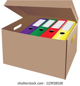 Cardboard box with office folders. Vector illustration.