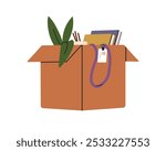 Cardboard box with office stuff, personal belongings. Work items packed for job change, moving. Carton package with plant, books, name badge. Flat vector illustration isolated on white background