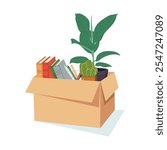 Cardboard box with office stuff, personal belongings. Work items packed for job change, moving. Carton package with plant, books, name badge. Flat vector illustration isolated on white background