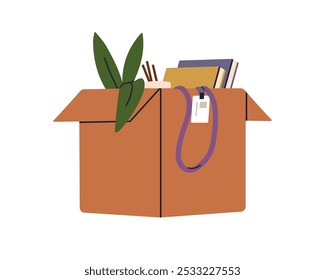 Cardboard box with office stuff, personal belongings. Work items packed for job change, moving. Carton package with plant, books, name badge. Flat vector illustration isolated on white background