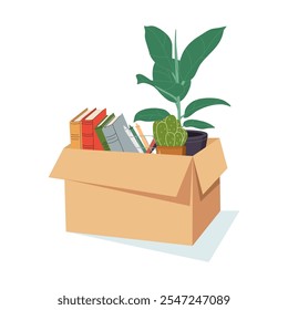 Caja de cartón con cosas de oficina, pertenencias personales. Elementos de trabajo empaquetados para cambio de trabajo, mudanza. Paquete del cartón con la planta, libros, insignia del nombre. Ilustración vectorial plana aislada sobre fondo blanco