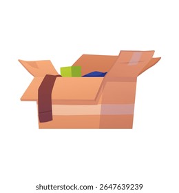 Caixa de papelão com ilustrações planas vetoriais de coisas antigas. Caixa de papel de embalagem de embalagem de papelão de porão de coisas de desenhos animados isolada no fundo branco