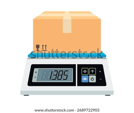 Cardboard box on electronic digital scales. Weighing package in kilograms. Industrial or kitchen scale. Vector illustration isolated on white background.