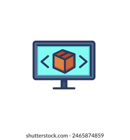 Cardboard box on screen line icon. Arrow, parcel, post isolated outline sign. Delivery and shipping service concept. Vector illustration, symbol element for web design and apps