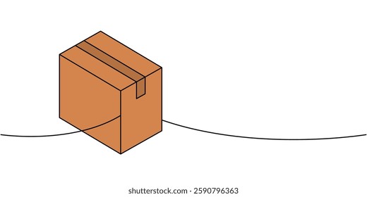 Cardboard box one line colored continuous drawing. Square box. Vector illustration.