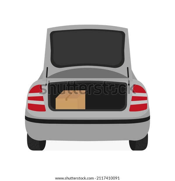 Cardboard box\
in open car trunk on white\
background