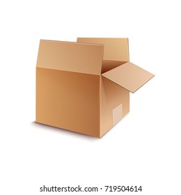 Cardboard box open container three dimensional vector illustration isolated on white background. Design of package for wrapping fragile products
