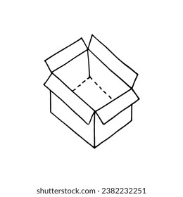 Cardboard box, open and empty. Doodle. Vector illustration. Hand drawn. Outline. 