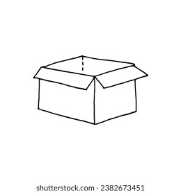 Cardboard box, open and empty. Doodle. Vector illustration. Hand drawn. Outline. 