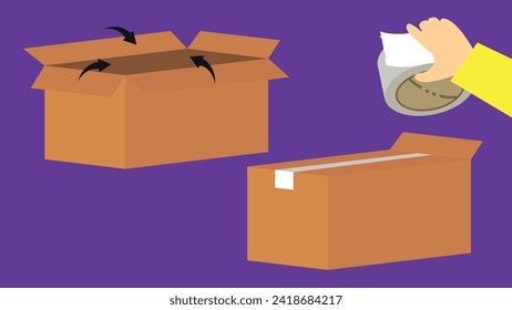 Cardboard box with open lid and paper bag. Vector illustration.