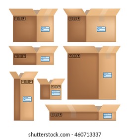 Cardboard box. Open postal parcel. Corrugated cardboard packaging. Box for the move. A place for old things. Vector isolated objects.