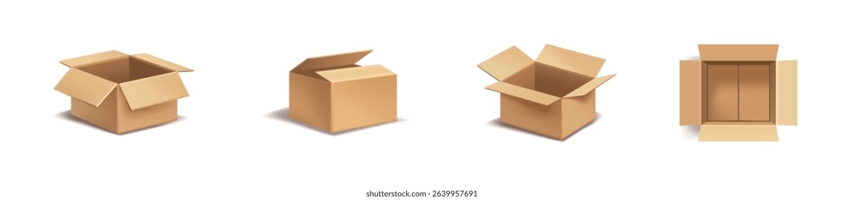 Cardboard box opened in different angles vector illustration collection. Multiple perspective packaging