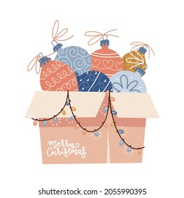 Cardboard box overflowing with Christmas decorations with an baubles, Christmas tree balls, ornaments and string of lights with lettering text - Merry Christmas. Flat vector illustration.