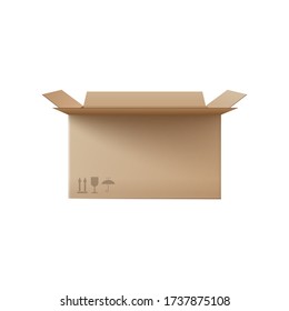 Cardboard box package mockup - realistic packaging container from side view isolated on white background. Open brown paper crate- vector illustration