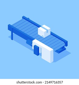 Cardboard box package on conveyor belt production manufacturing isometric vector illustration. Parcel pack on factory working machinery control industrial transportation process