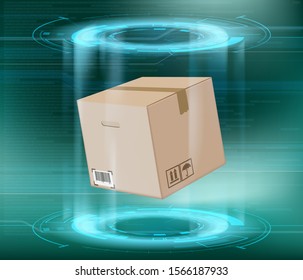 Cardboard box package on a futuristic background. Cargo delivery by teleportation. Vector illustration