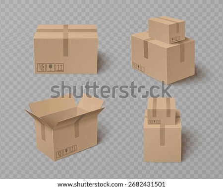 Cardboard box packages with top open flaps, stacked shipping containers and fragile marking symbols for warehouse logistics. Brown corrugated parcel with weight labels. Delivery cartons for e-commerce