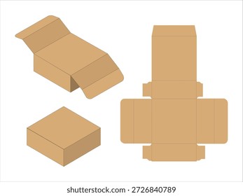 Modelo de projeto de embalagem de caixa de papelão com layout de corte de matriz em visualização isométrica