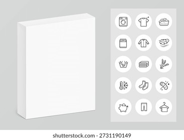 Embalaje de caja de cartón para maqueta de detergente para lavandería en polvo con iconos establecidos. Ilustración vectorial sobre fondo gris. Puede ser utilizado para su diseño, embalaje, presentación. EPS10.