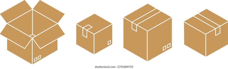 Caja de cartón conjunto de embalaje ilustración plana de cajas abiertas y cerradas