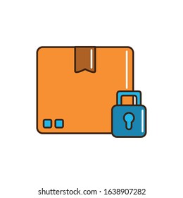 cardboard box padlock security cargo delivery vector illustration line and fill