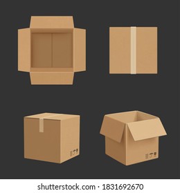 Caja de cartón. Caja de papel vistas de puntos diferentes transportar paquete de mockup vectorial realista