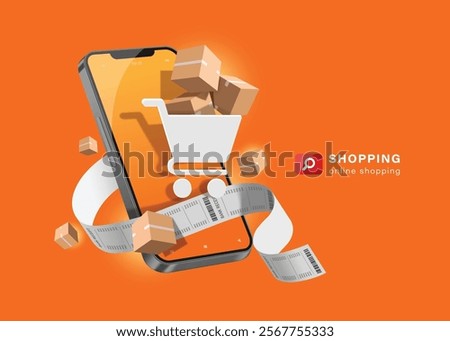 cardboard box or parcel box, cart or basket , receipt paper flying out of smartphone screen for shopping online and delivery advertising concept design, vector 3d illustration for banner design