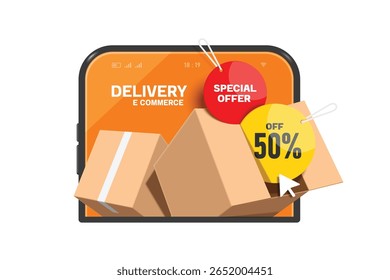 Cardboard box or parcel box with red and yellow circle promotion sign with text special offer 50% off all placed front of smartphone for online shopping, delivery, e-commerce advertising design