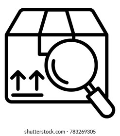 Cardboard box parcel tracking number with magnifying glass, line vector icon