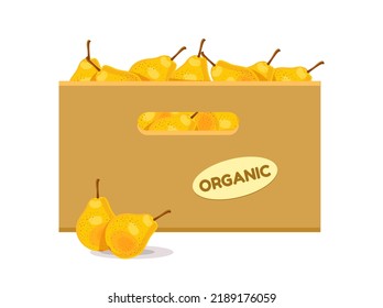 Cardboard box with pears. Fruit box icon. Vector illustration isolated on white background.