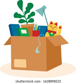 Cardboard Box With Personal Belongings flat vector illustration
