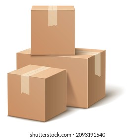 Cardboard box pile. Blank closed parcels in realistic style