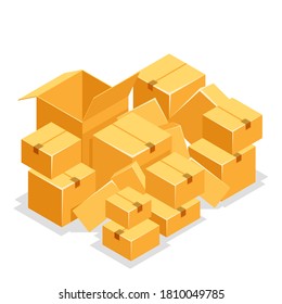 Cardboard box pile isolated object isometric icon 3d design flat vector illustration