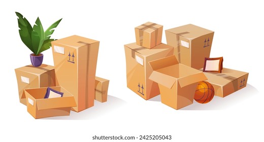 Cardboard box piles with house stuff for move to new home, garage sale or storage concept. Cartoon vector illustration set of open and closed carton pack stack with plant in pot and picture frames.
