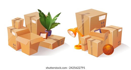 Cardboard box piles with house stuff for move to new home, garage sale or storage concept. Cartoon vector illustration set of open and closed carton pack stack with plant in pot, lamp and pictures.