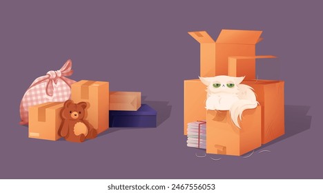 Cardboard box piles with house stuff. Brown paper packs in stack with belongings for new home move or storage concept . Cartoon vector illustration set of carton packages with books, bear toy and cat.