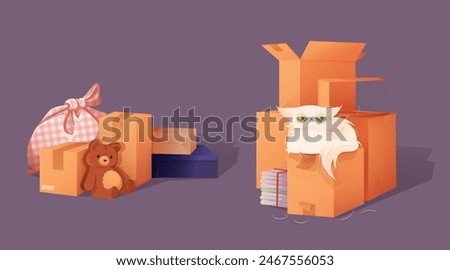 Cardboard box piles with house stuff. Brown paper packs in stack with belongings for new home move or storage concept . Cartoon vector illustration set of carton packages with books, bear toy and cat.