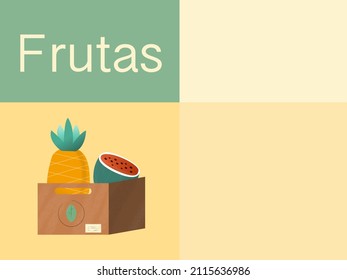 cardboard box with a pineapple and a watermelon inside and a title that says fruits. on a beige background with green