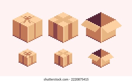 Cardboard box pixel art set. Paper crate, open and closed collection. Empty carton package. 8 bit sprite. Game development, mobile app.  Isolated vector illustration.