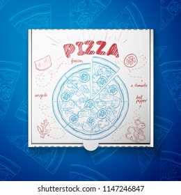Cardboard box with pizza bacon. Vector illustration, EPS 10